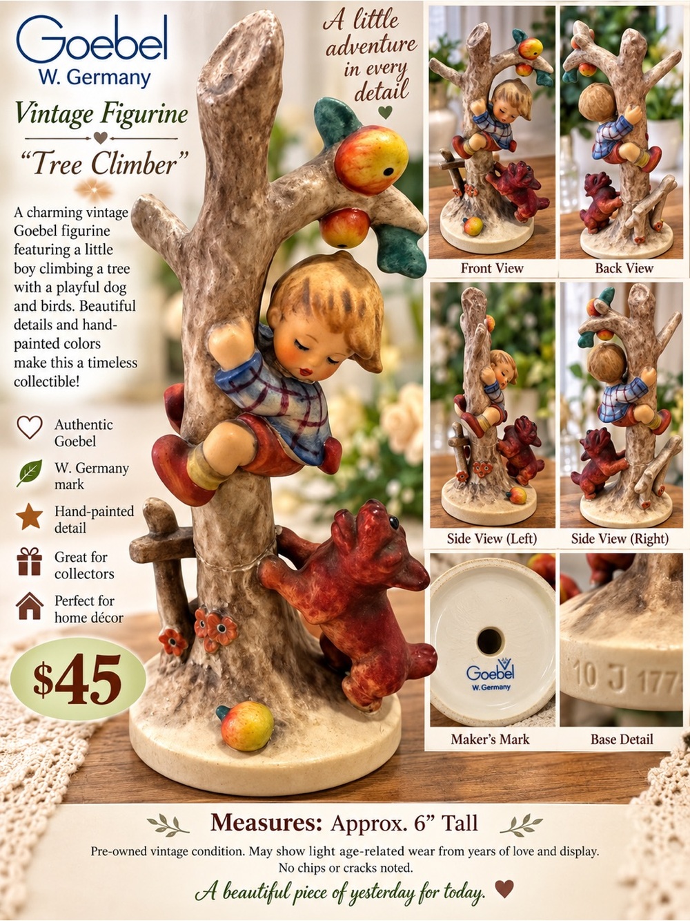 Goebel Figurine - Boy in Blue Plaid Climbing Tree with Red Dog and Green Accents